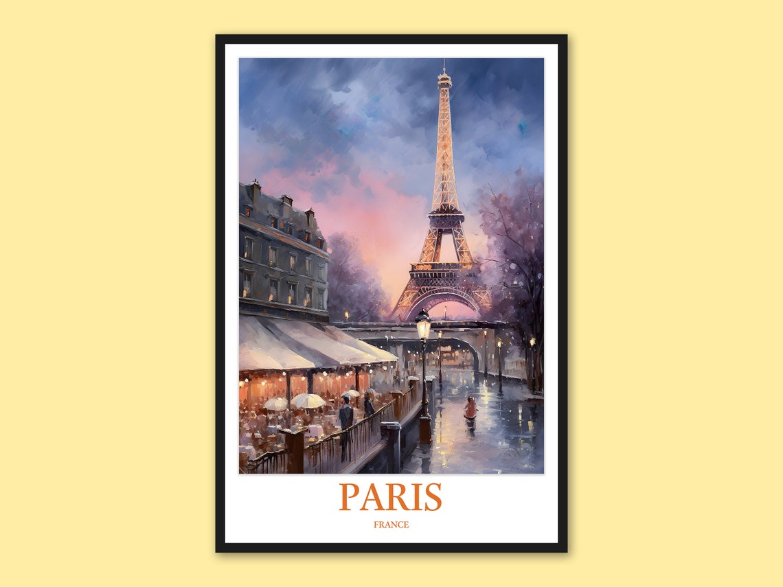 Paris Eiffel Tower at Dusk Over Seine Cafe Watercolor Travel Poster