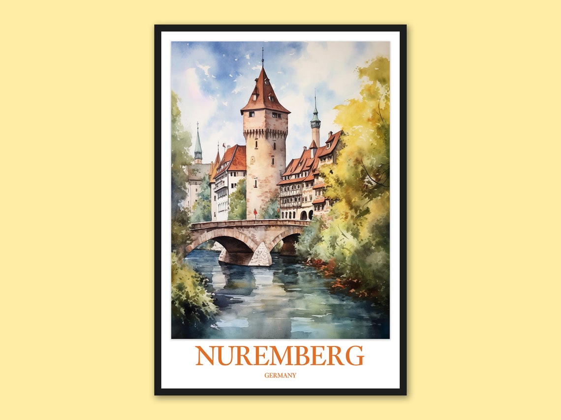Nuremberg Germany Medieval Castle Bridge River Watercolor Poster