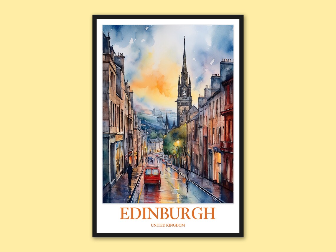 Edinburgh Scotland Royal Mile Rainy Street Watercolor Travel Poster