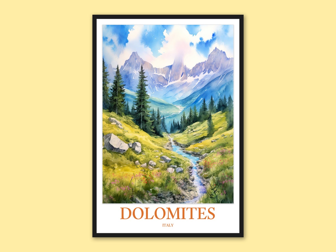 Dolomites Mountain Stream Watercolor Flowing Through Meadow Poster