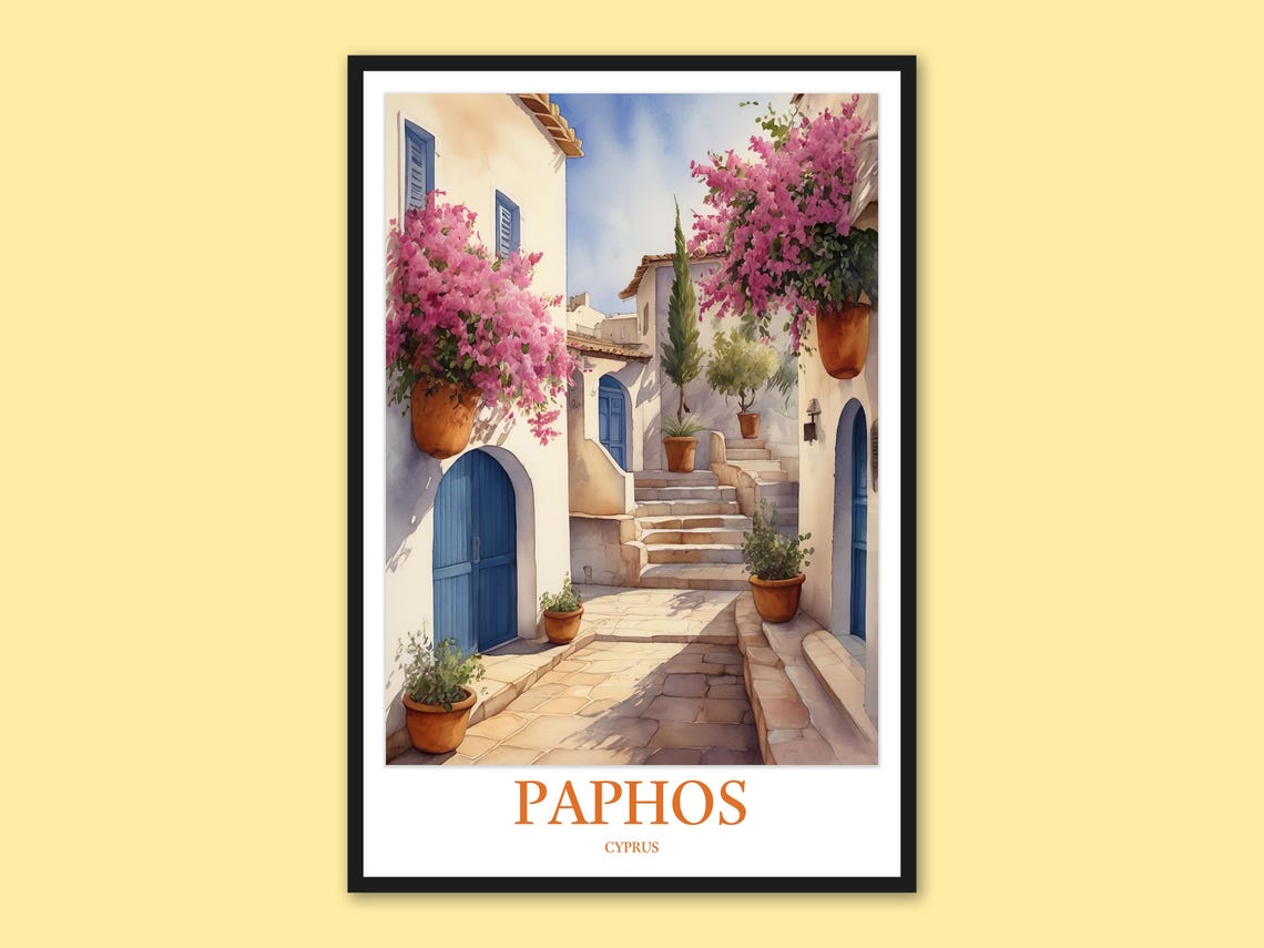 Paphos Cyprus Stone Steps Bougainvillea Courtyard Watercolor Poster