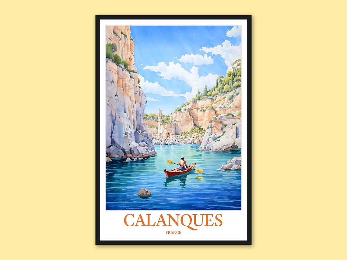 Calanques France Red Kayak on Blue Water Canyon Travel Poster