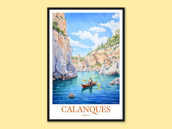 Calanques France Red Kayak on Blue Water Canyon Travel Poster