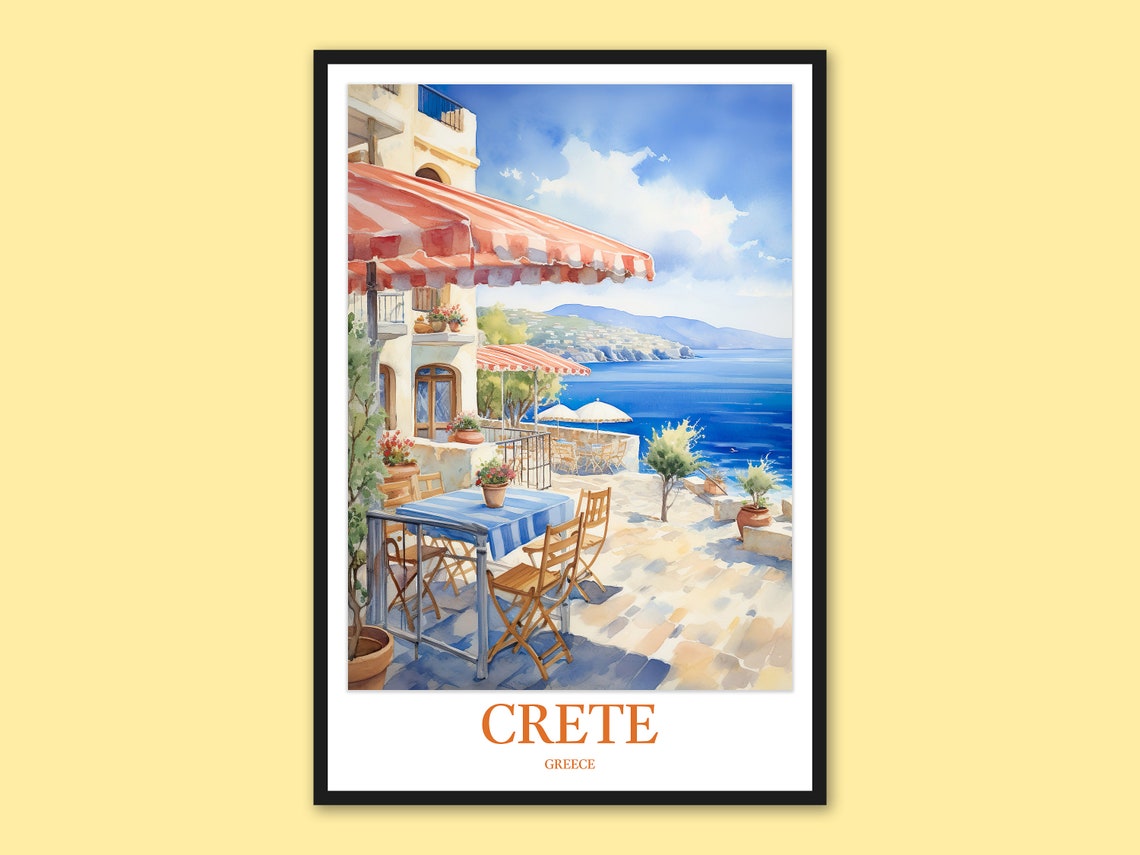 Crete Greece Seaside Cafe Red Awning Terrace Ocean View Poster