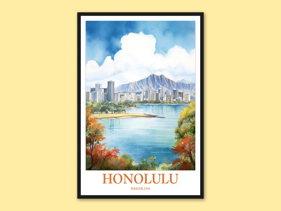 Honolulu Hawaii Skyline Diamond Head Sparkling Bay Watercolor Poster