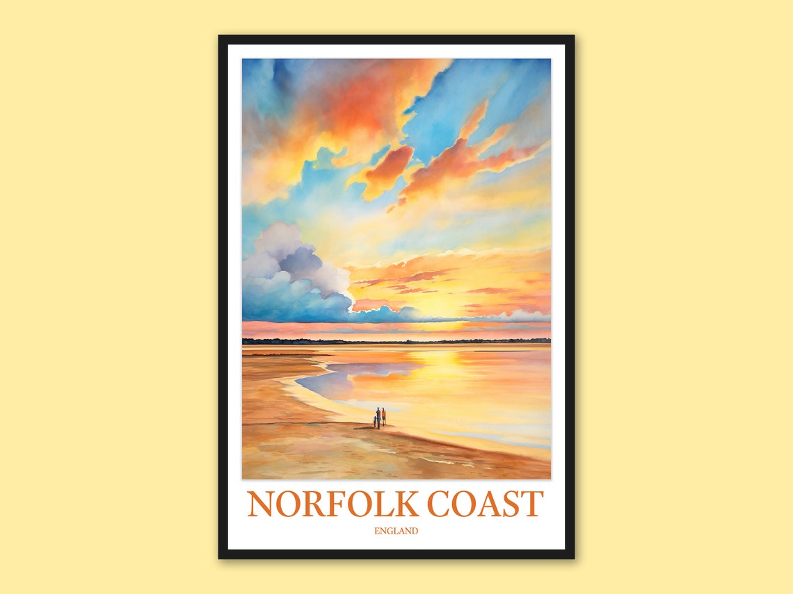 Norfolk Coast England Watercolor Sunset Travel Poster Figures
