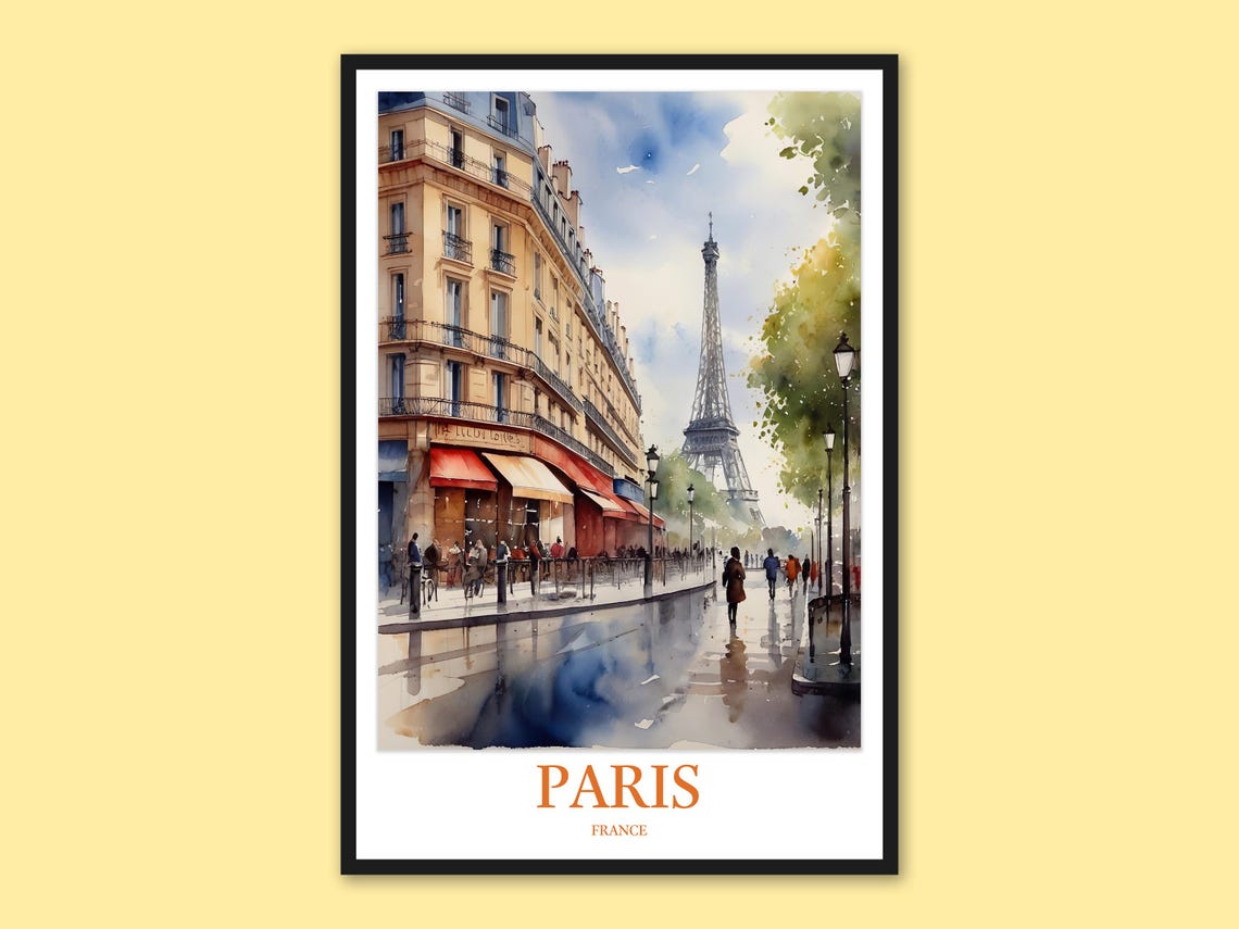 Paris Eiffel Tower Rainy Street Watercolor Travel Wall Poster