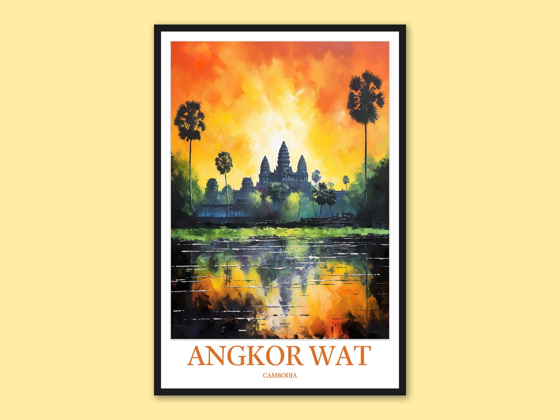 Angkor Wat Cambodia Sunset Silhouette Watercolor Travel Poster