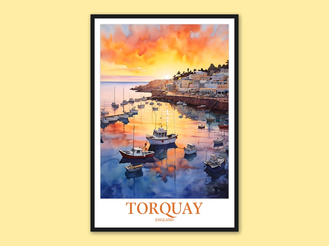 Torquay Harbour Sunset Reflections Watercolor Poster England
