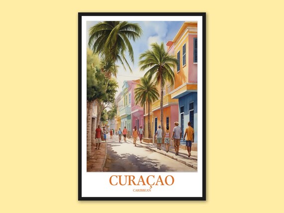 Curacao Lively Street Tall Palms Pastel Buildings Caribbean Travel Poster