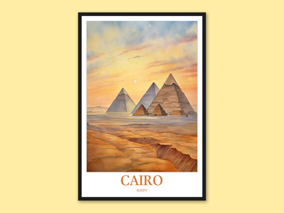 Cairo Egypt Giza Pyramids at Golden Sunset Watercolor Travel Poster