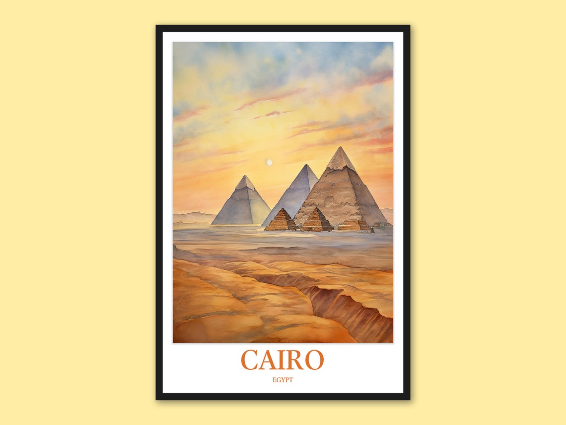 Cairo Egypt Giza Pyramids at Golden Sunset Watercolor Travel Poster