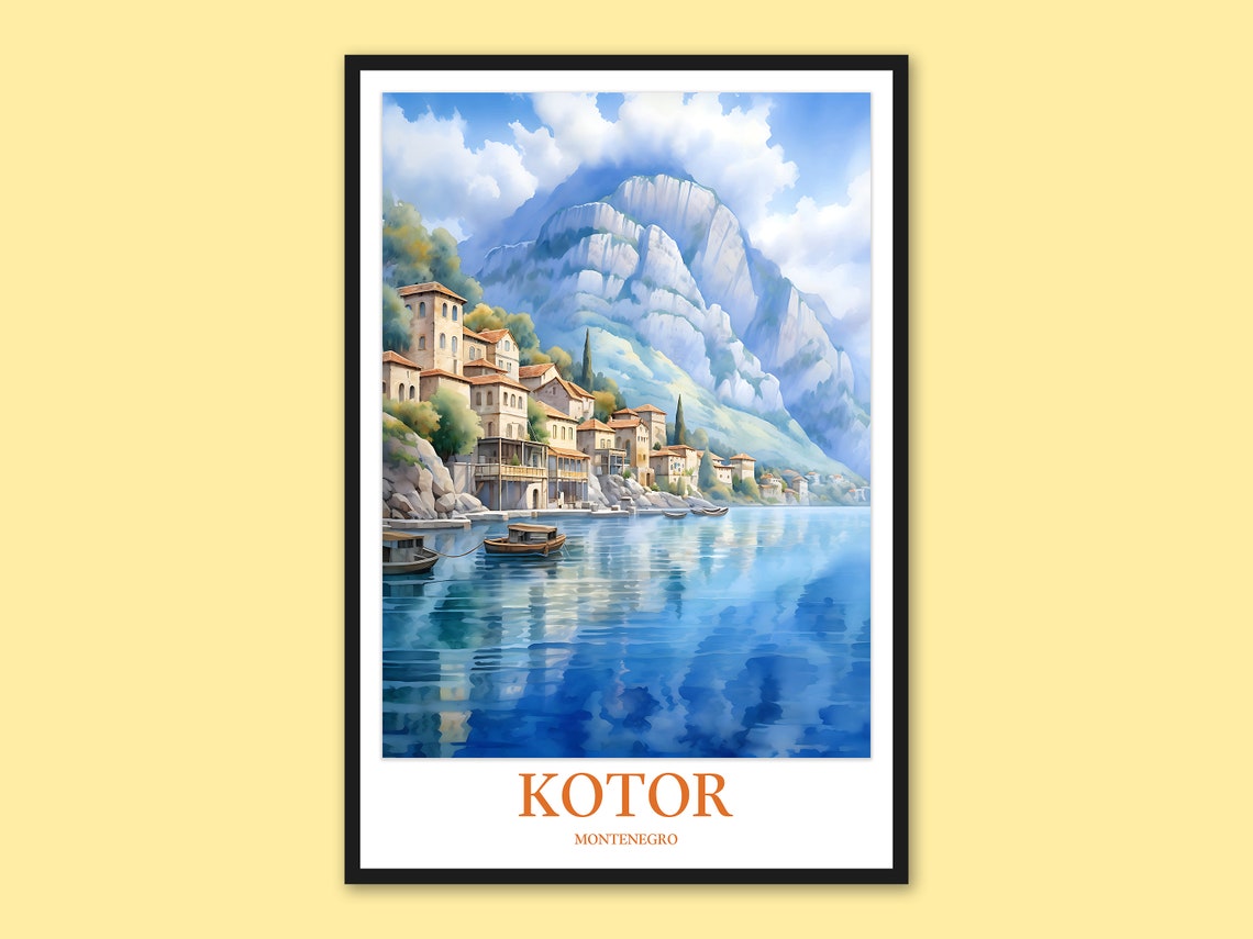 Kotor Montenegro Bay Village Boats Mountain Watercolor Poster