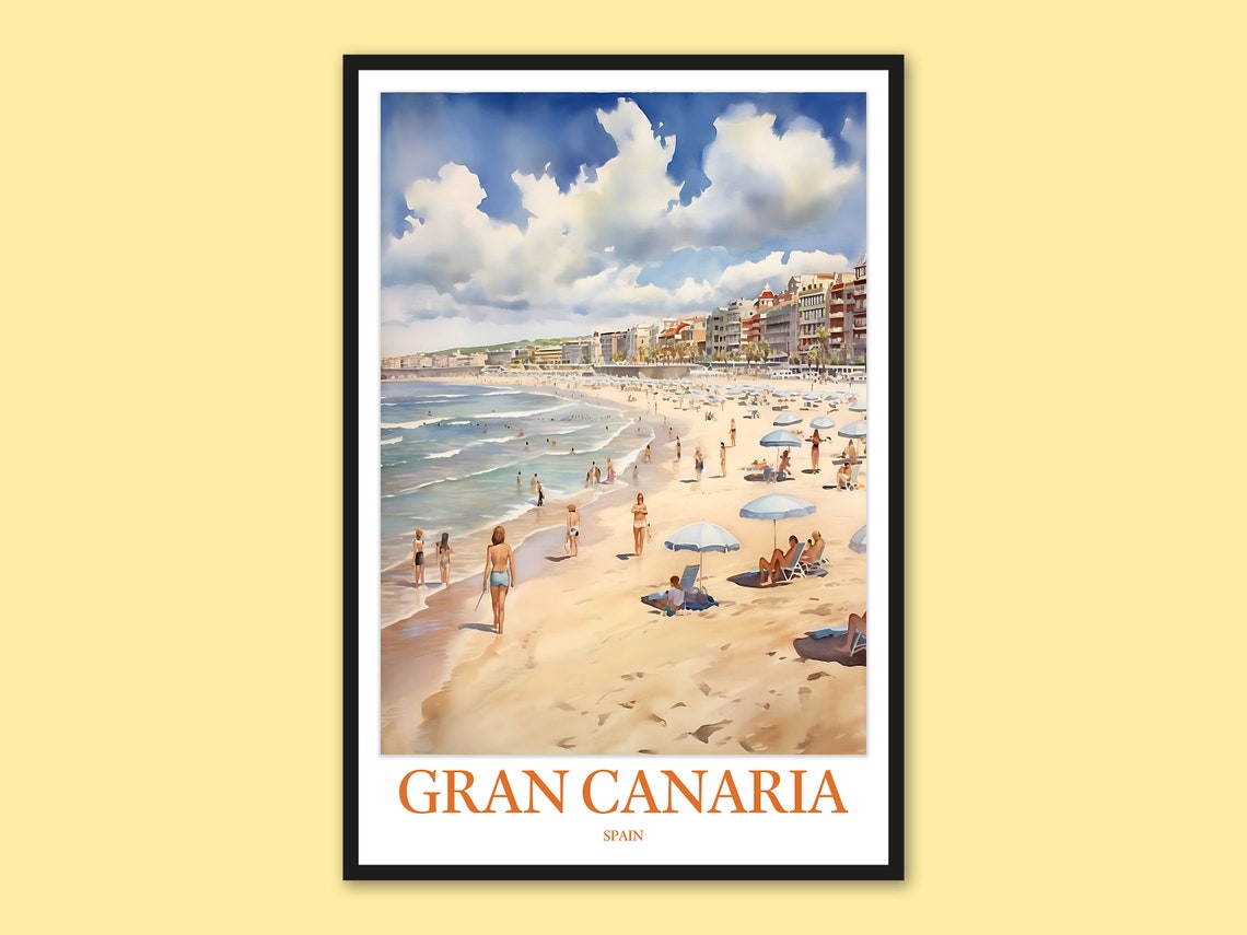Gran Canaria Spain Watercolor Beach Parasols Shoreline Scene Poster