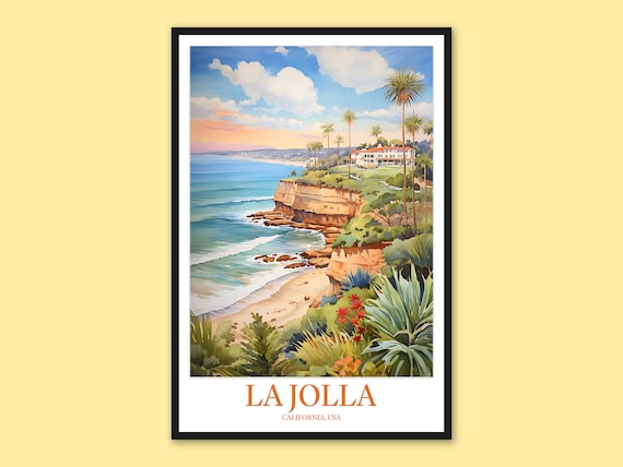 La Jolla California Cliffside Villa Palm Beach Watercolor Travel Art Poster