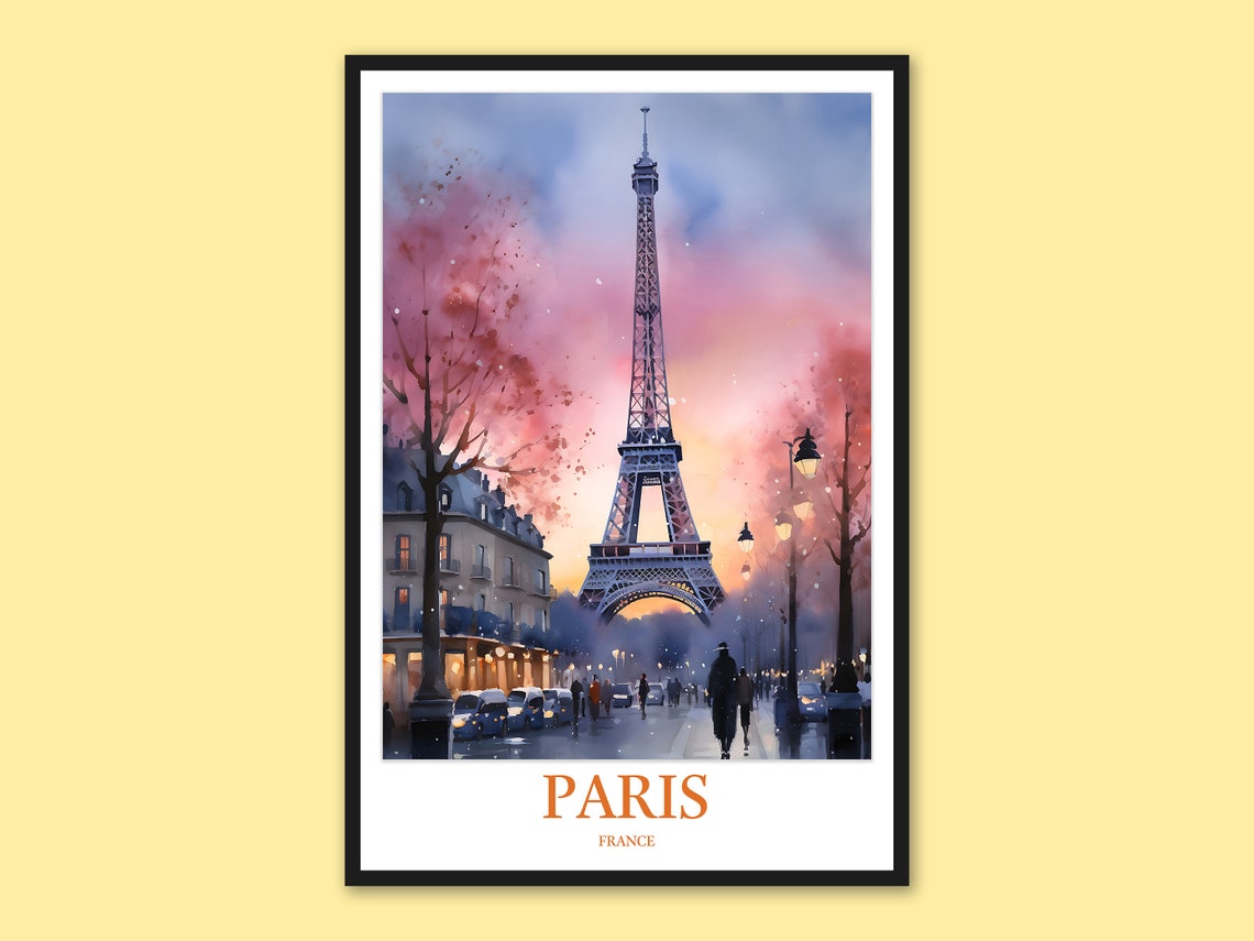 Paris Eiffel Tower Snowy Winter Evening Street Watercolor Poster
