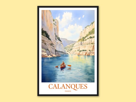 Calanques France Kayaker in Cliff Canyon Daytime Travel Poster