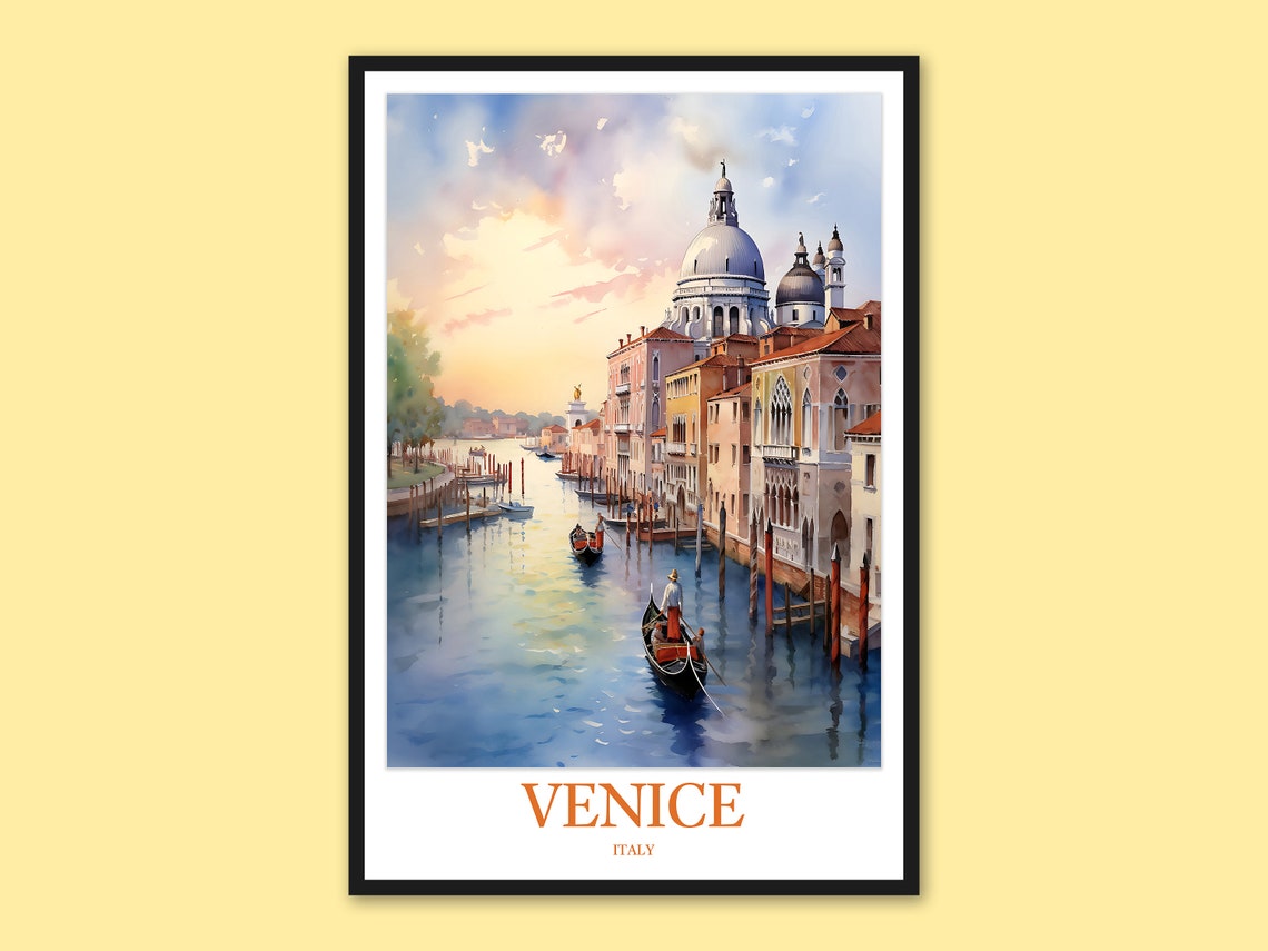 Venice Italy Sunset Canal Gondola Basilica Watercolor Travel Poster