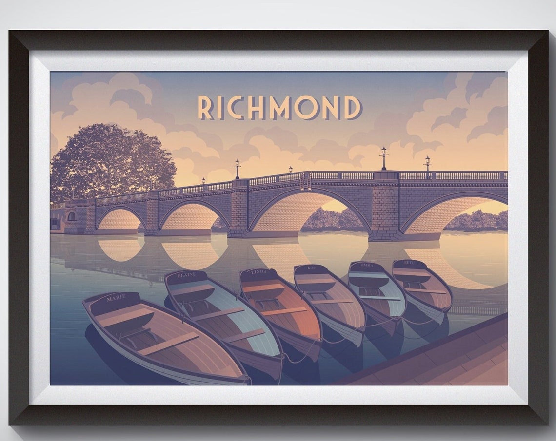 Richmond Travel Poster London Richmond Bridge River Thames Twickenham South West London Richmond Park Vintage Travel Print Retro Art