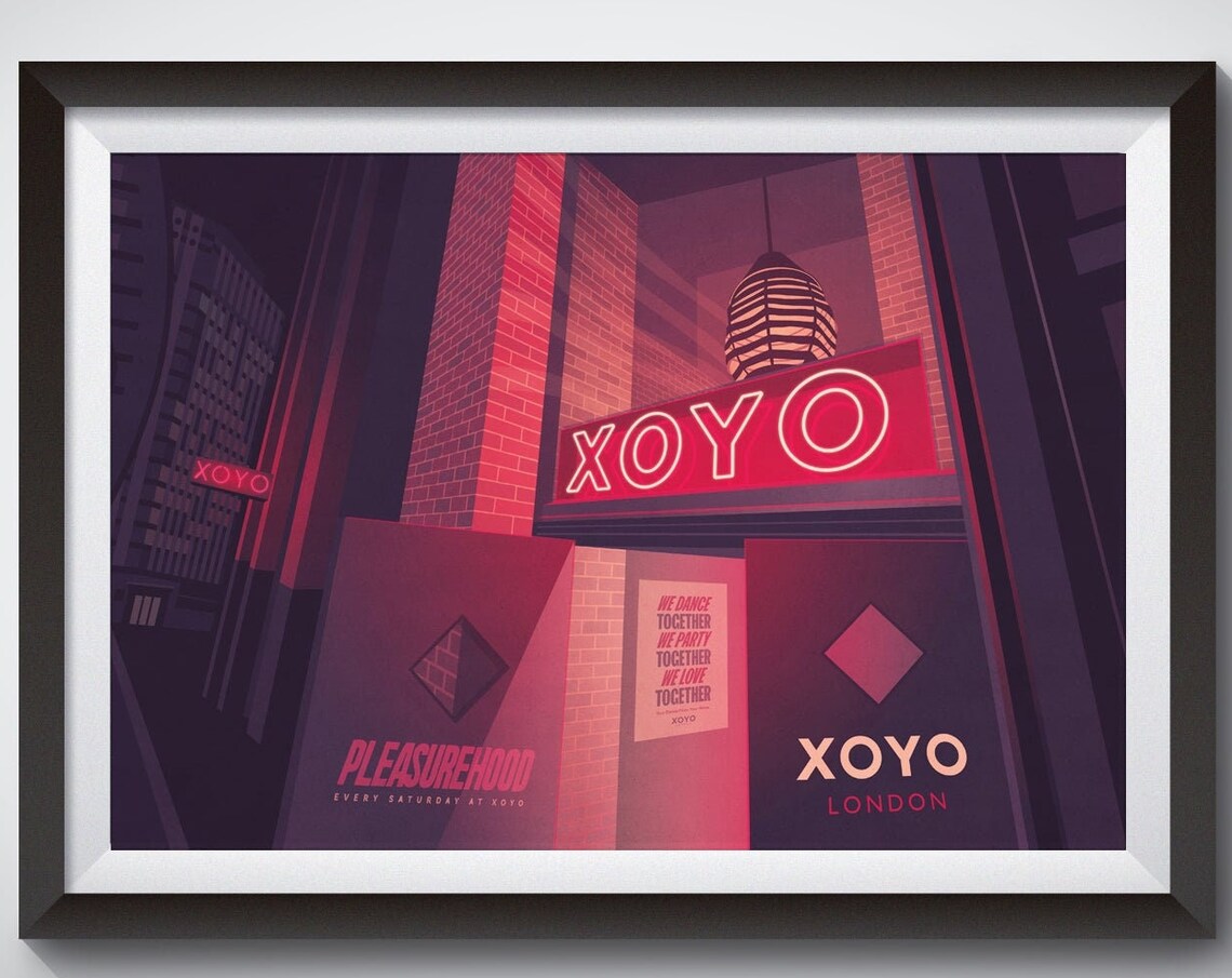 XOYO London Nightclub Poster, Red Neon Venue Entrance Retro Artwork