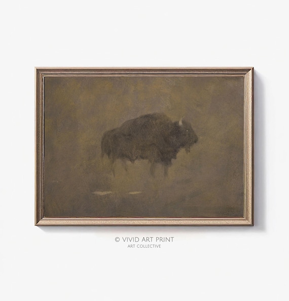 Ghostly Lone Bison in Mist Dark Tonalist Wildlife Painting Poster