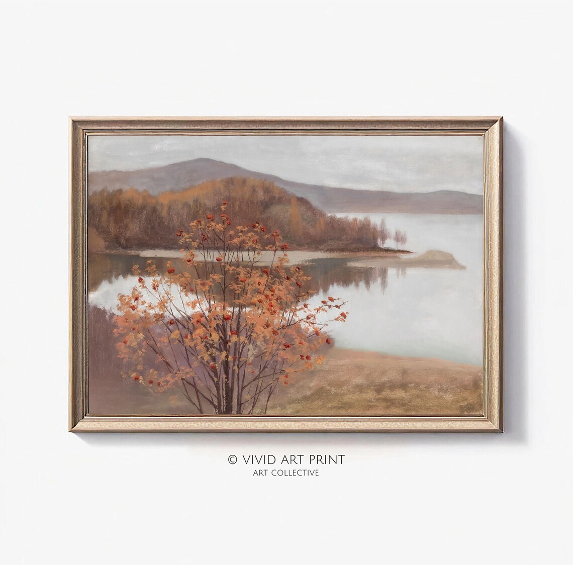 Autumn Vintage Lake Scene, Rustic Landscape Art Print
