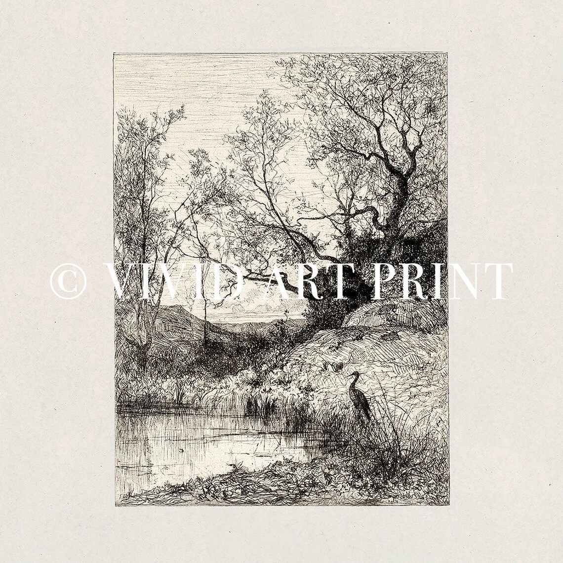 Antique Neutral Farmhouse Drawing A Pond, Art Print - Image 4