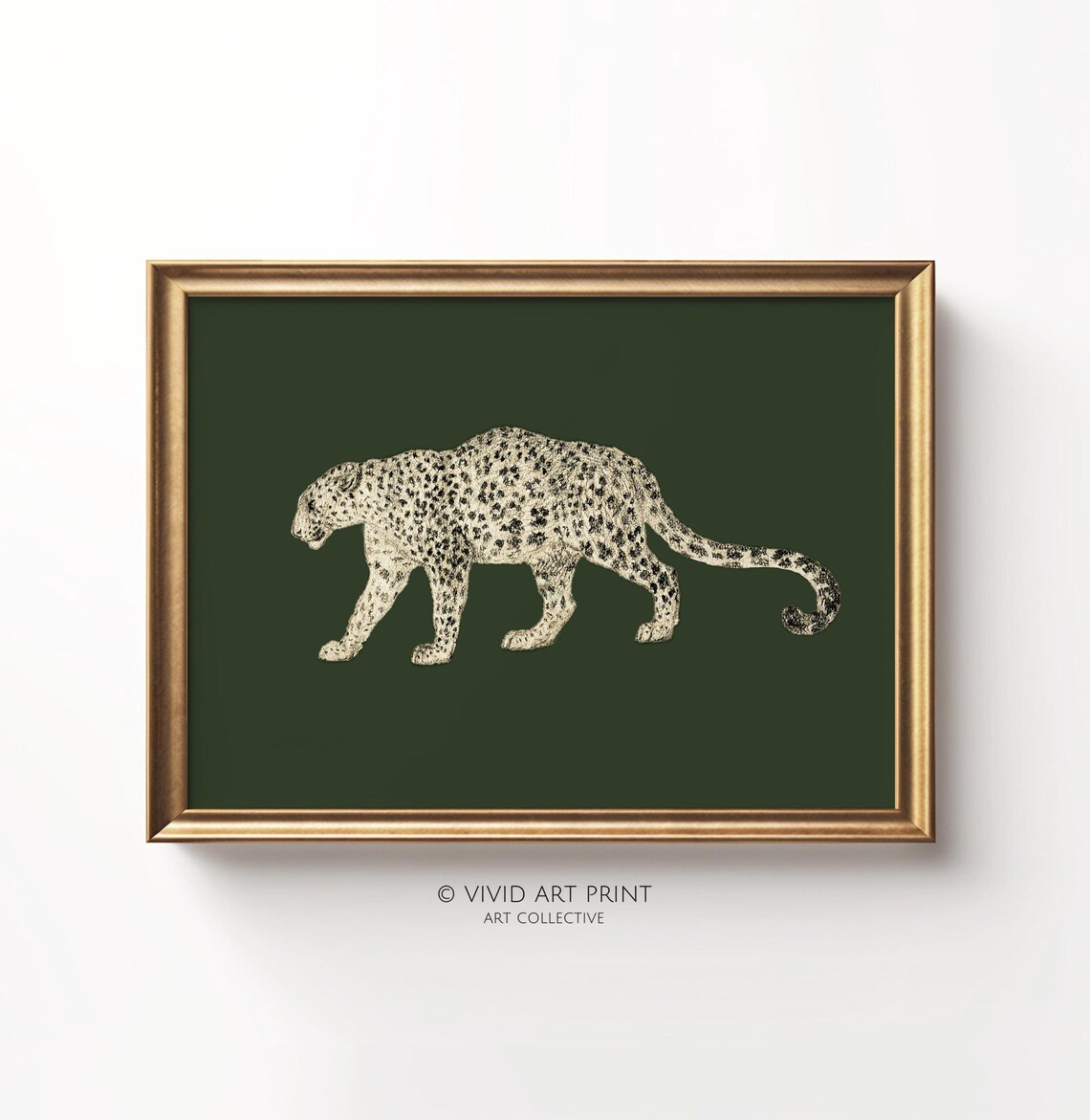 Walking Spotted Leopard on Deep Olive Green Vintage Wildlife Poster - Image 2
