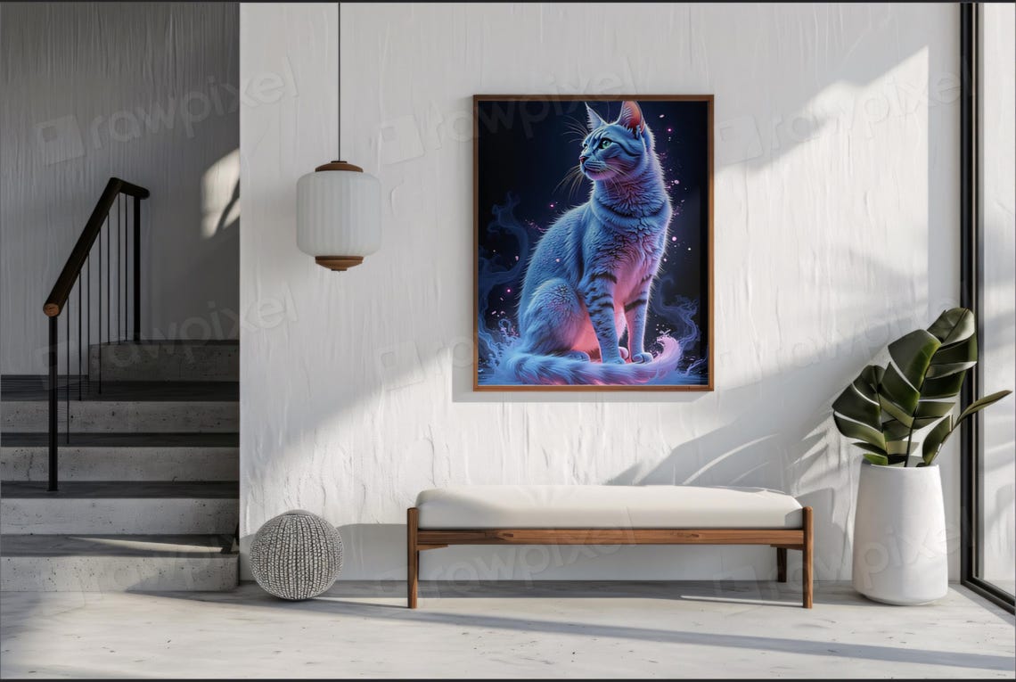 White Cat Sitting on Shimmering Water Under Neon Glow Poster - Image 4