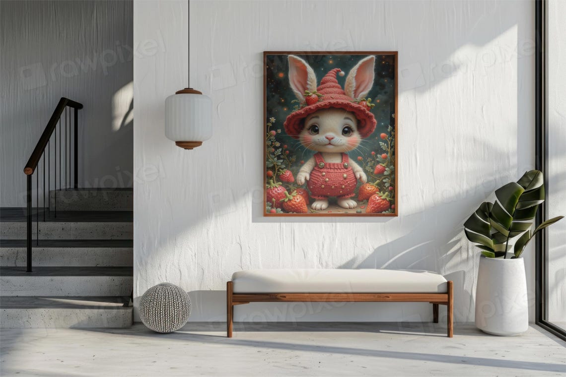 Sweet Wide-Eyed Bunny in Strawberry Outfit Under Starry Night Poster - Image 4