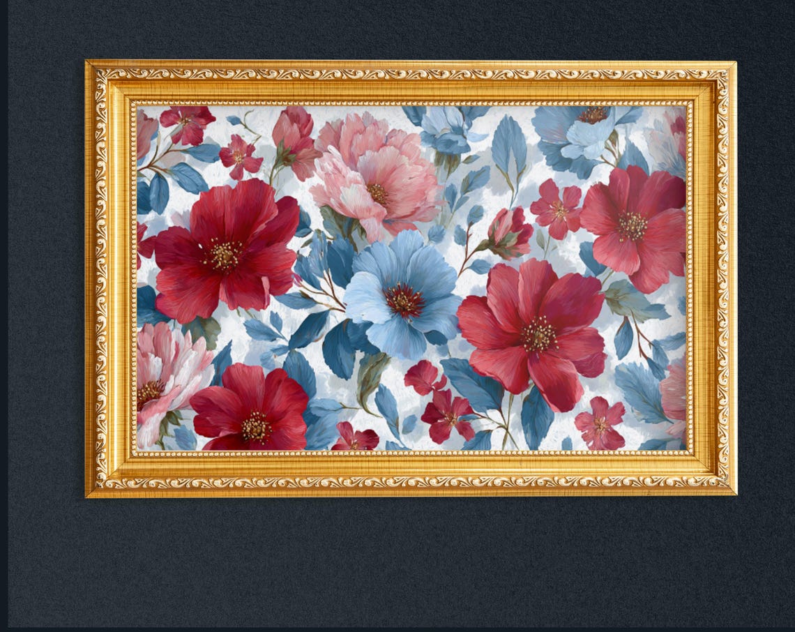 Red Blue Peony Blooms Vintage Gold Frame Floral Painting Art Poster
