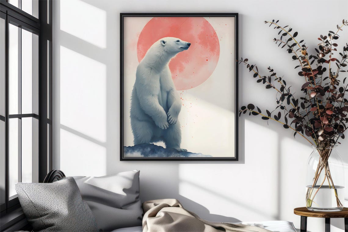 Majestic Polar Bear Standing Before a Glowing Red Sun Poster - Image 4