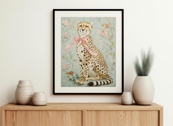 Cheetah Pink Bow Art Print, Modern Maximalist Decor