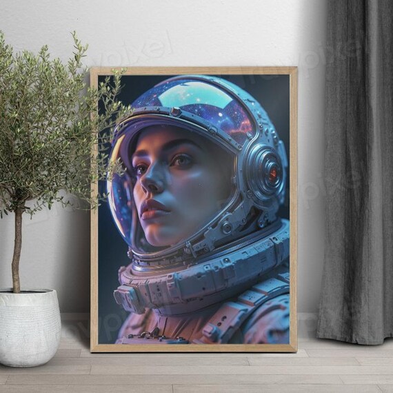 Female Astronaut in Helmet with Galaxy Reflection Portrait Poster