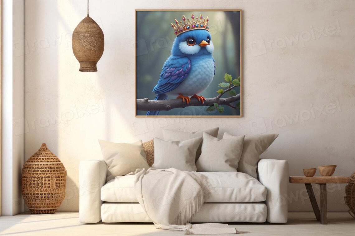 Adorable Bluebird Wearing a Jeweled Golden Crown on a Branch Poster - Image 5