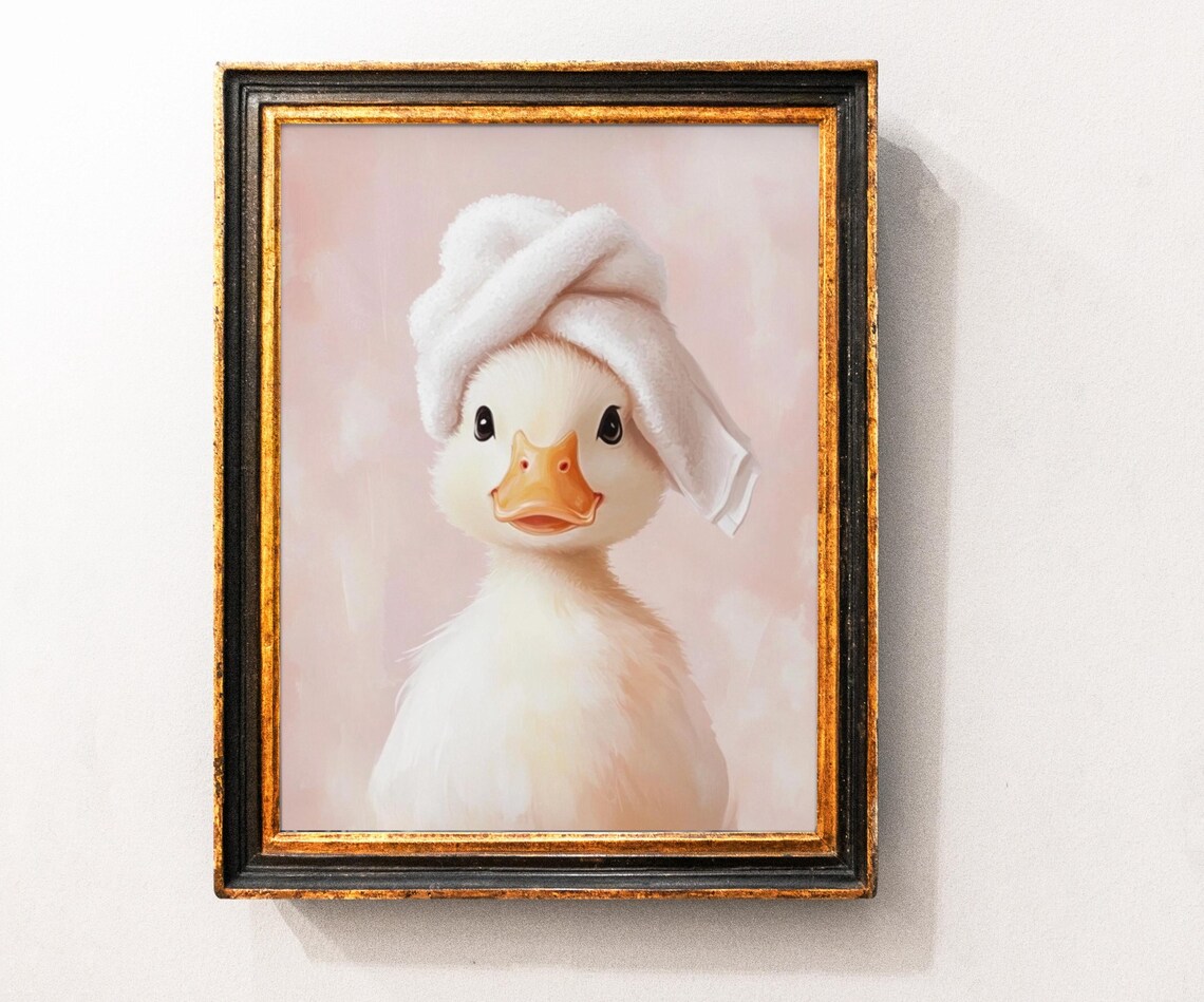 Cute Duck With Pink Towel Vintage Nursery Poster