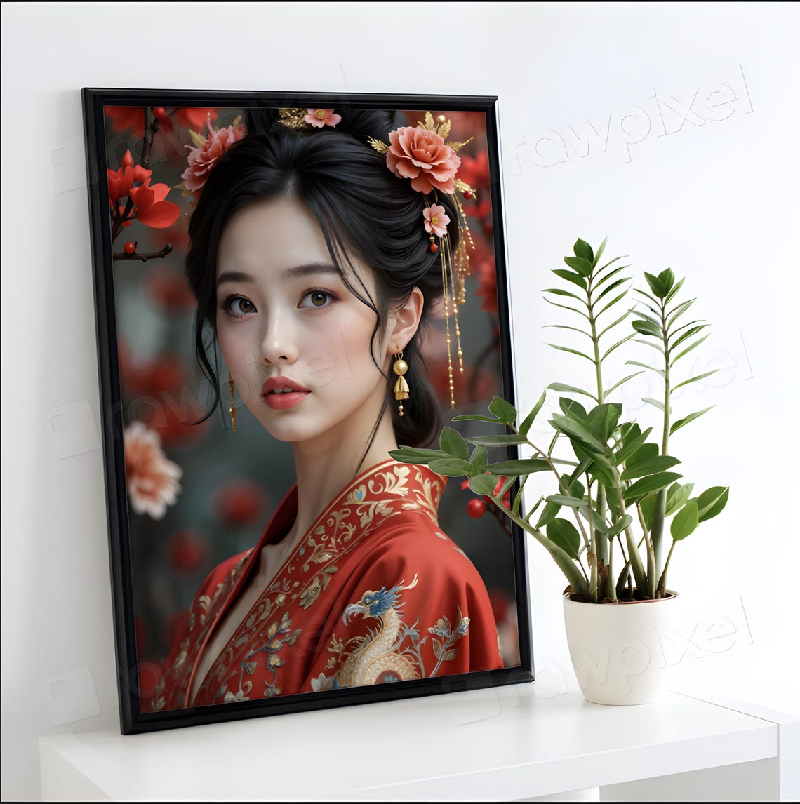 Elegant Woman in a Red Embroidered Robe in a Blooming Garden Poster - Image 3