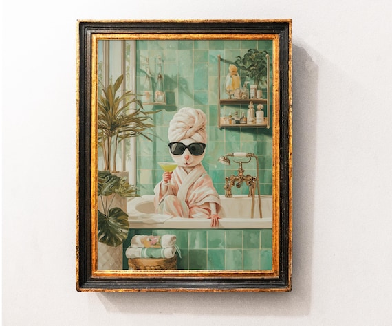 Funny Mouse Spa Day With Cocktail in Green Tiled Bathroom Poster