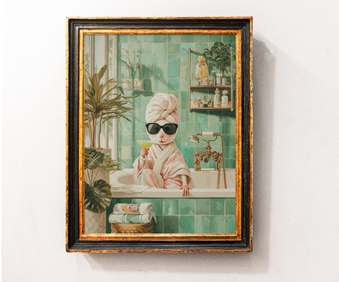 Funny Mouse Spa Day With Cocktail in Green Tiled Bathroom Poster