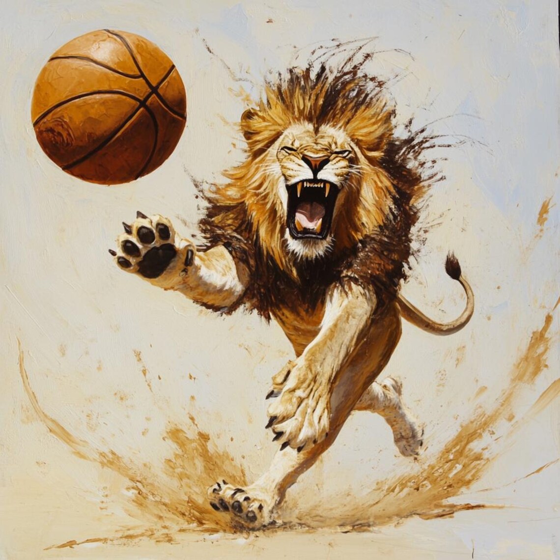Lion Basketball Wall Art, Silly Oil Painting
