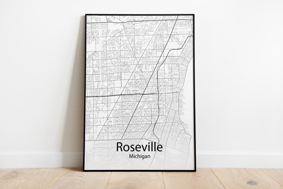 Roseville Michigan Minimalist Black and White City Street Map Poster
