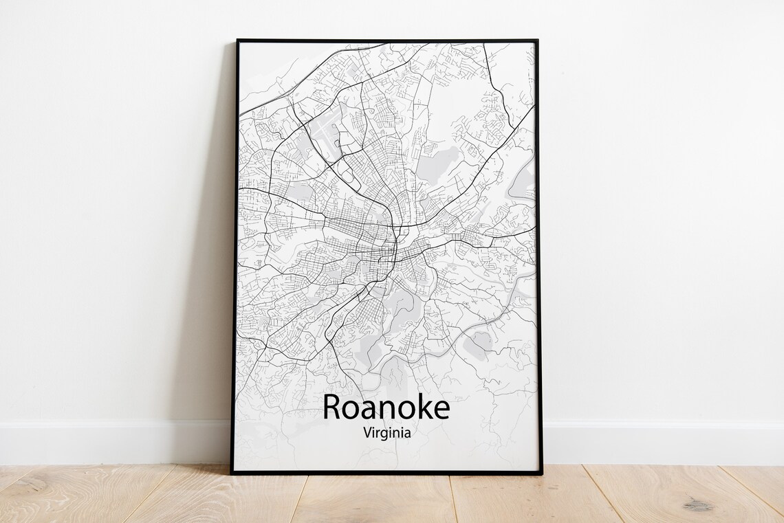Roanoke Virginia Minimalist Black and White City Map Art Print Gift