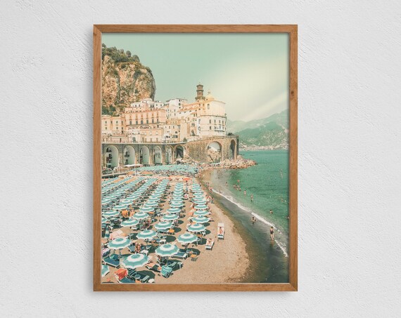 Amalfi Coast Cliffside Town Beach Umbrellas Italian Seaside Travel Poster
