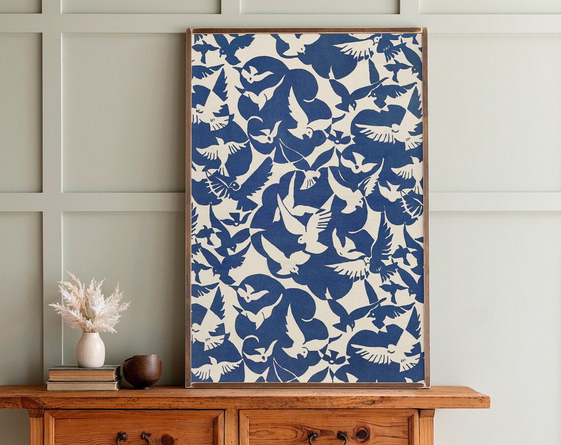 Vintage Blue Bird Pattern Art Print, Bird Motif