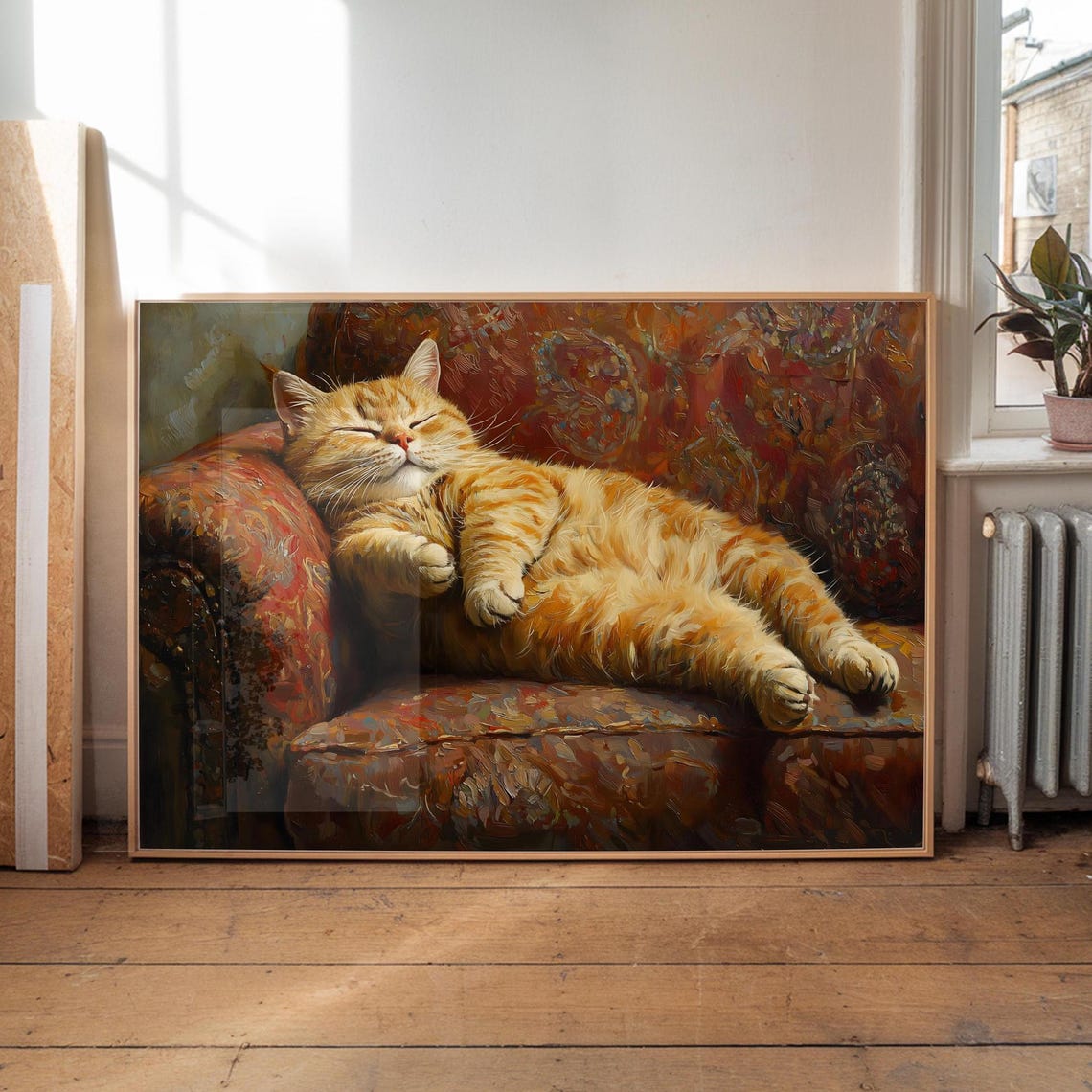 Orange Tabby Cat Sleeping Cozy Red Armchair Vintage Oil Art Poster - Image 2