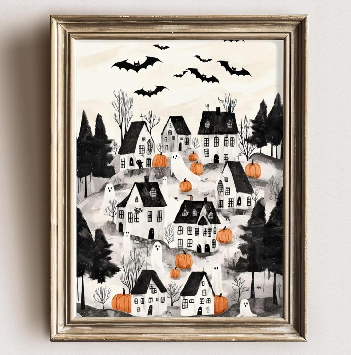 Halloween Town Folk Art, Vintage Halloween Art Print