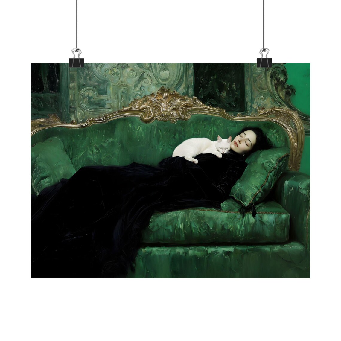 Woman Reclining with White Cat on Ornate Green Couch Art Poster
