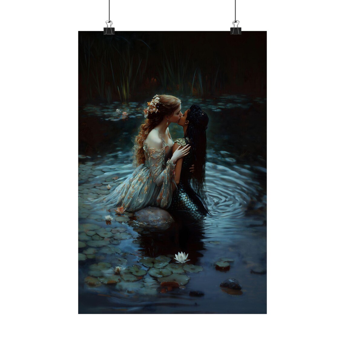 Women Kissing Lily Pond Romantic Dark Gothic Mermaid Fantasy Wall Art Poster - Image 3