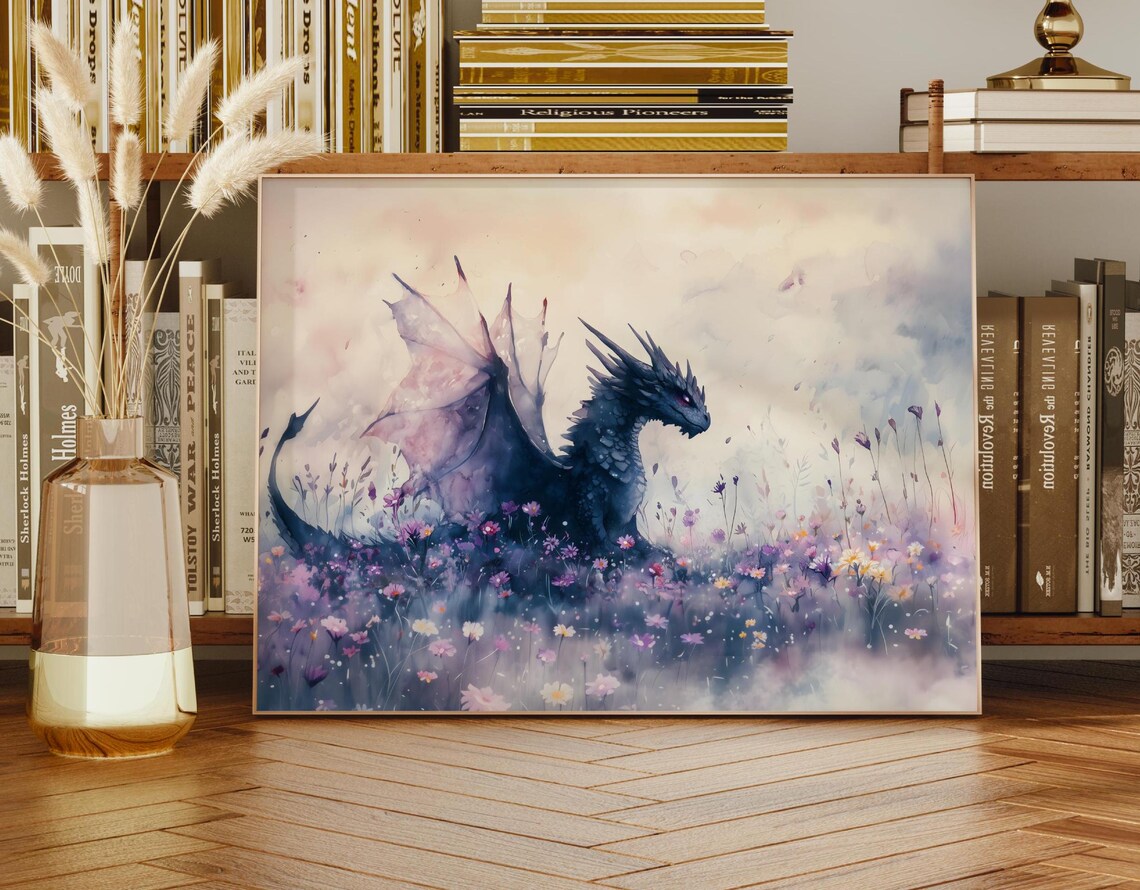 Dragon Watercolor Art Horizontal Poster Print Fantasy Art Forest And A Dragon Fantasy Painting Watercolor Illustration Dark Academia