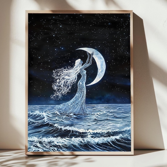 Selene Goddess Of The Moon Matte Print Moody Dark Academia Wall Art Celestial Goddess Art Greek Mythology Lover Moon Goddess Art Gift